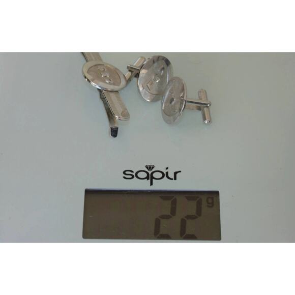 Vintage Monogrammed Cufflinks Tie Bar Set: Silver FSJ or FS7 Crest - Picture 4 of 4